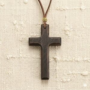 Handcrafted Brown Wood Cross Necklace Adjustable Long Cord For Men Women & Kids